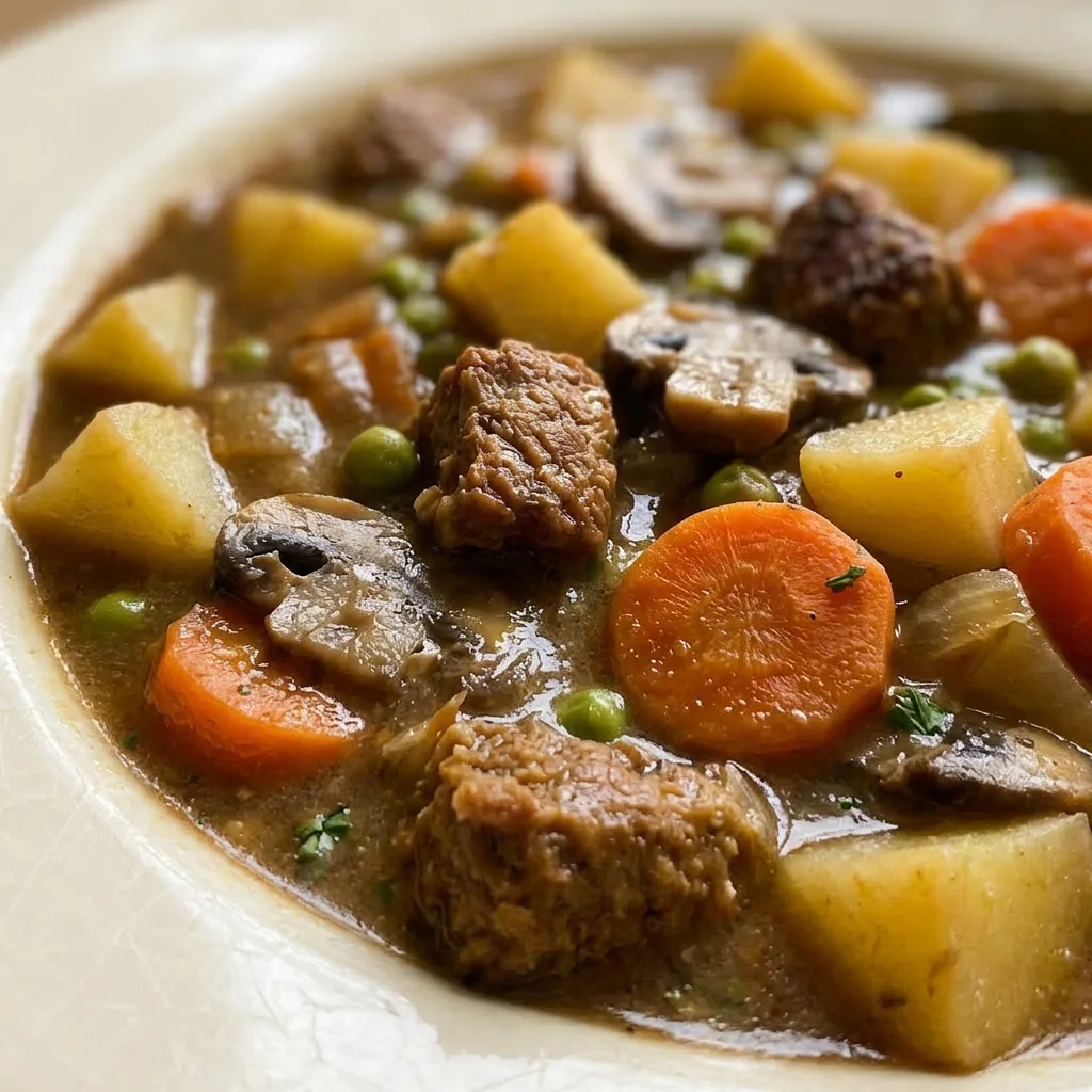 Up close, a spoonful of stew shows tender Gardein tips, cubed potatoes, carrots, mushrooms, and peas.