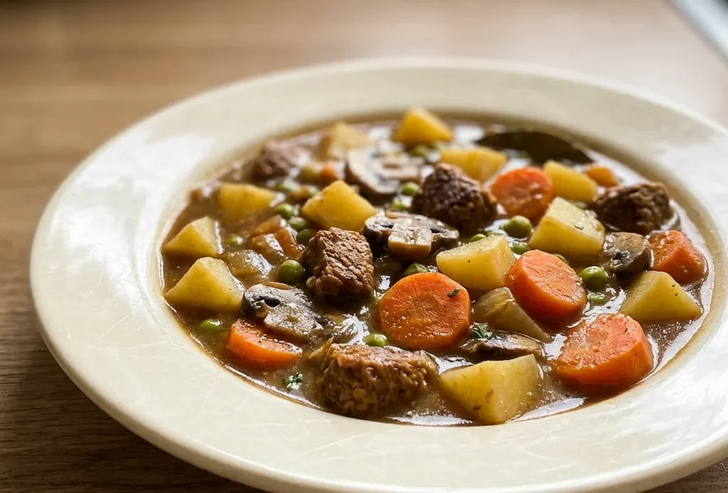 Looking down at a bowl of vegan beef stew with Gardein tips, potatoes, carrots, mushrooms, and peas in broth.