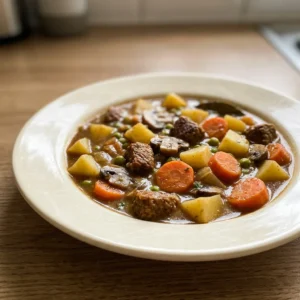 Looking down at a bowl of vegan beef stew with Gardein tips, potatoes, carrots, mushrooms, and peas in broth.