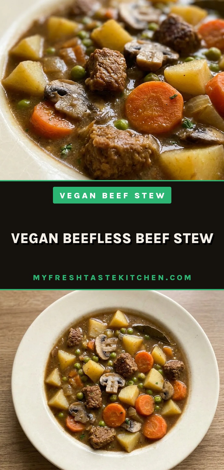 Vegan Beefless Beef Stew with Gardein Beefless Tips, potatoes, carrots, mushrooms, and peas in a thick broth.