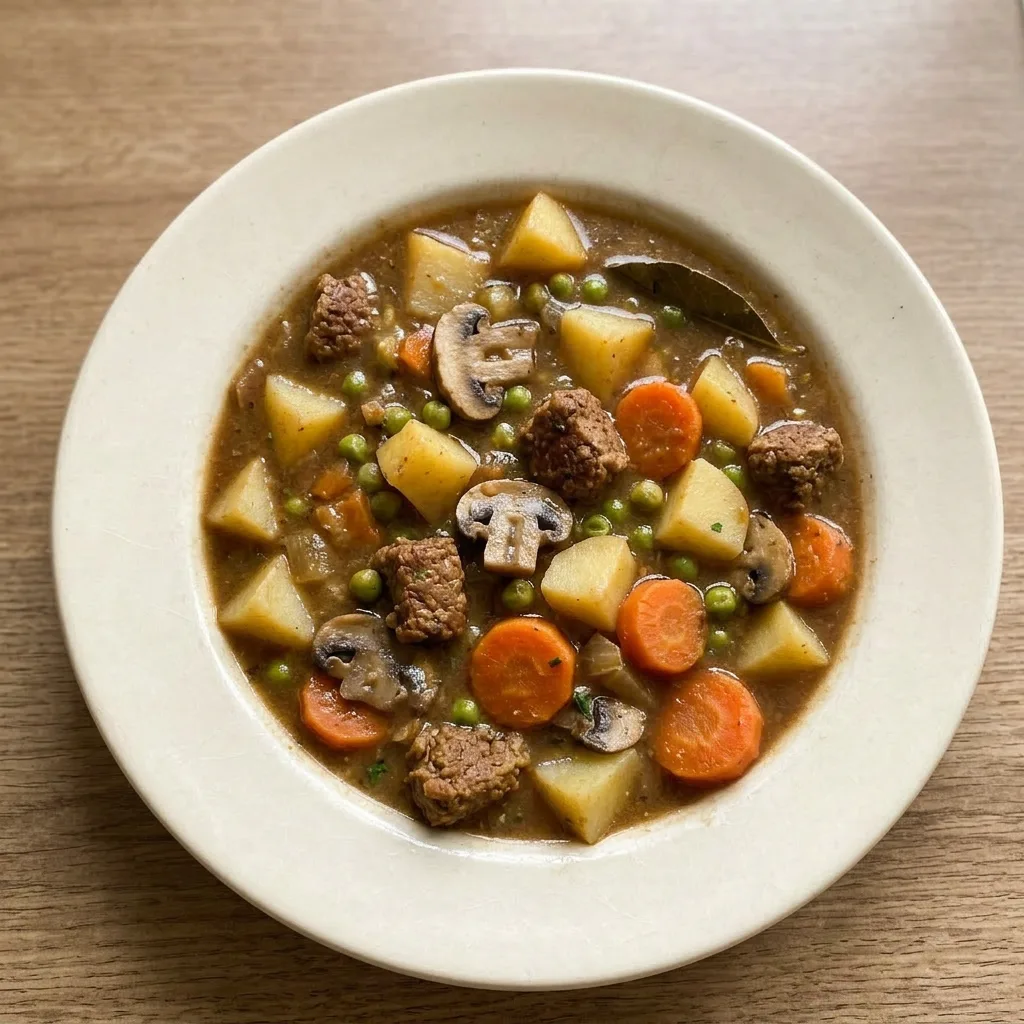 A plate of vegan beefless beef stew with Gardein tips, potatoes, carrots, mushrooms, and peas in broth.