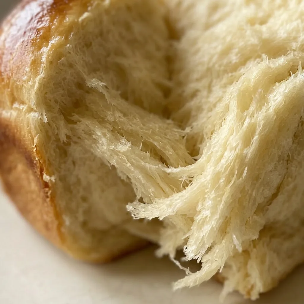 Close view of a thick slice of vegan brioche with a tender, airy texture and a glossy top from brushed aquafaba.