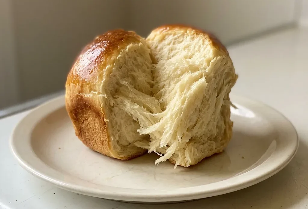 Overhead shot of a golden vegan brioche loaf sliced to reveal a soft crumb, topped with a light sheen of melted vegan butter.