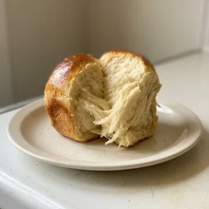 Overhead shot of a golden vegan brioche loaf sliced to reveal a soft crumb, topped with a light sheen of melted vegan butter.