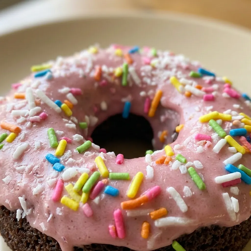 Up close, a donut with glossy chocolate icing and shredded coconut, showing a soft, porous crumb.