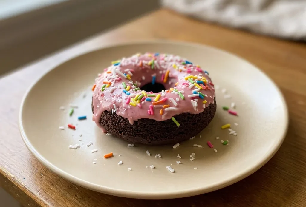 Looking down at two glazed donuts on a white plate, one with pink icing and sprinkles, the other with chocolate icing and coconut flakes.