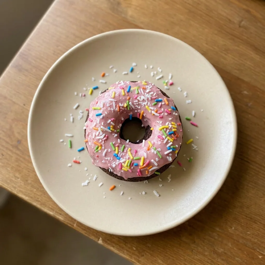 A plate of three donuts: one plain, one with pink icing and rainbow sprinkles, one with chocolate icing and coconut.