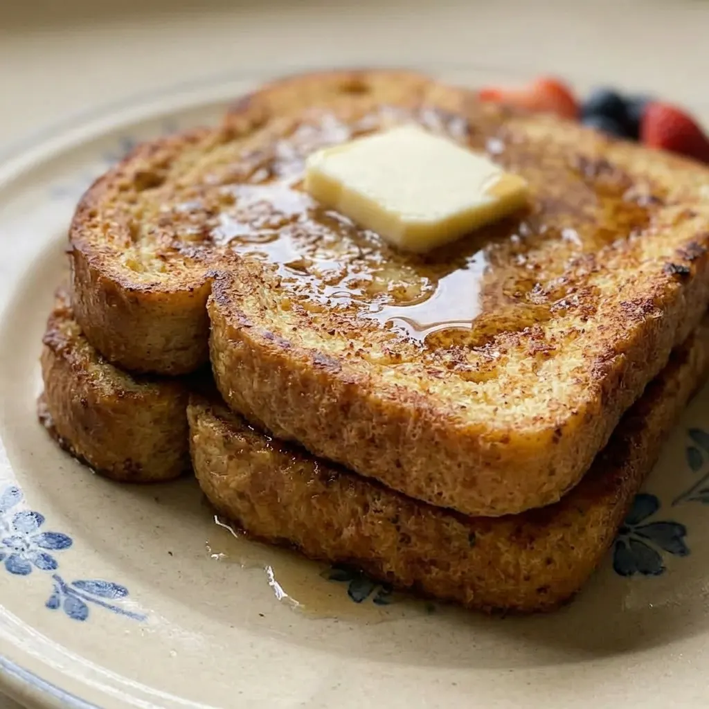 Macro detail of a corner of vegan French toast showing golden crust, flaxseed specks, and syrup pooling.