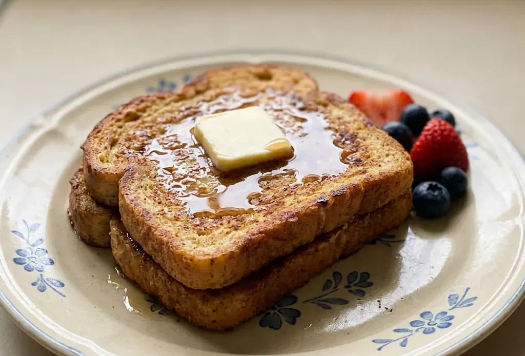 Top-down look at two slices of vegan French toast drizzled with maple syrup and dusted with cinnamon.