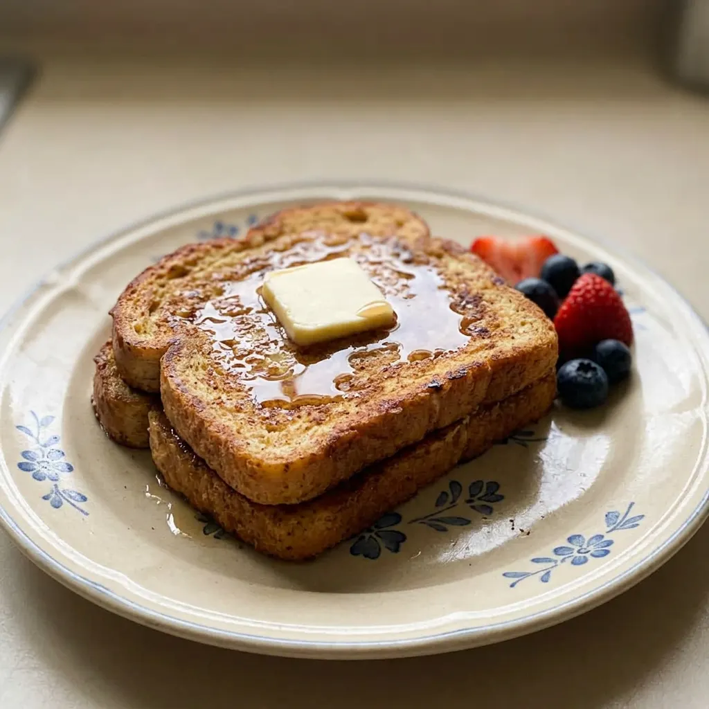 Top-down look at two slices of vegan French toast drizzled with maple syrup and dusted with cinnamon.