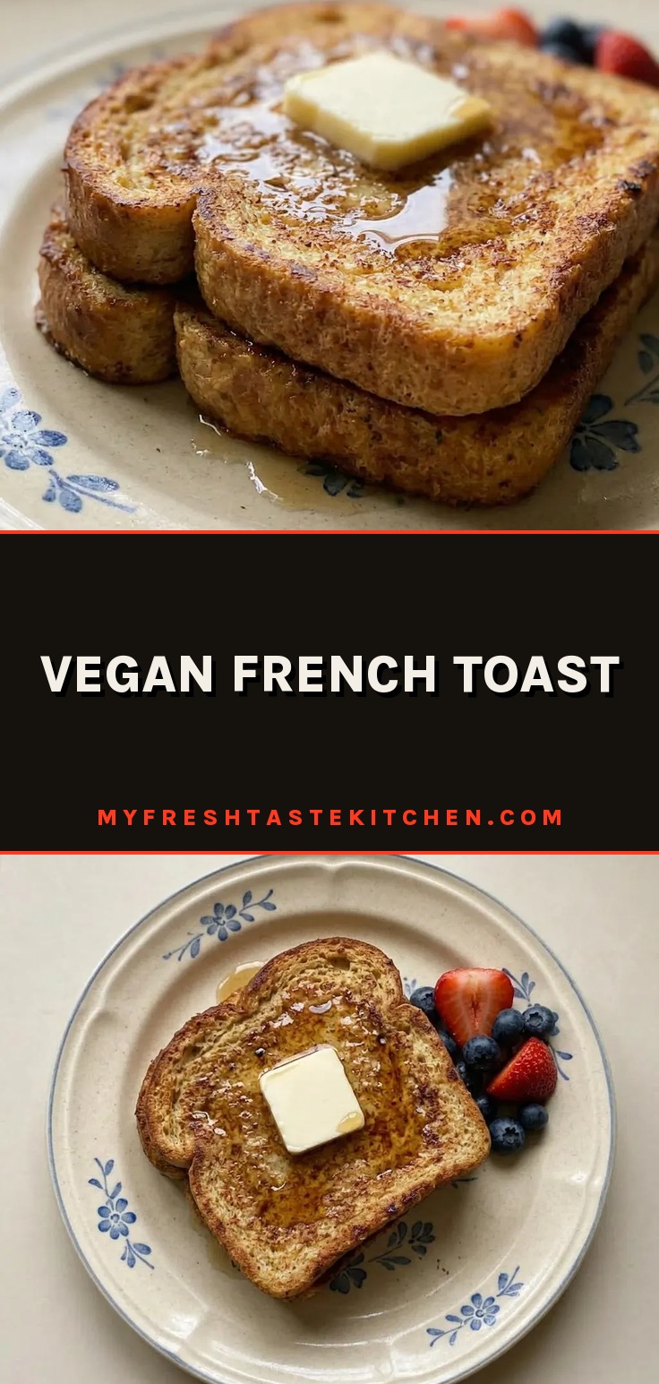 Vegan French Toast with cinnamon and maple syrup drizzle, showing a crisp golden exterior and soft interior.