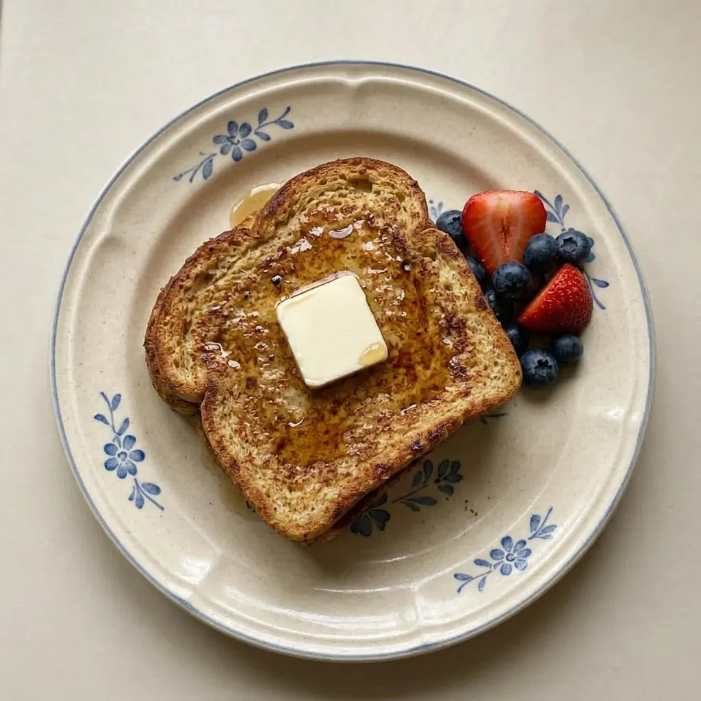 A serving of vegan French toast topped with sliced banana and a light dusting of cinnamon.