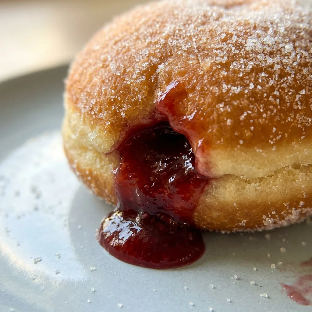 Up close, a golden-brown doughnut with a visible jam filling oozing from a crack, sprinkled with granulated sugar.