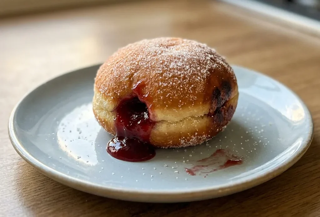 Looking down at three round jam doughnuts dusted with sugar, arranged in a triangle on a white surface.