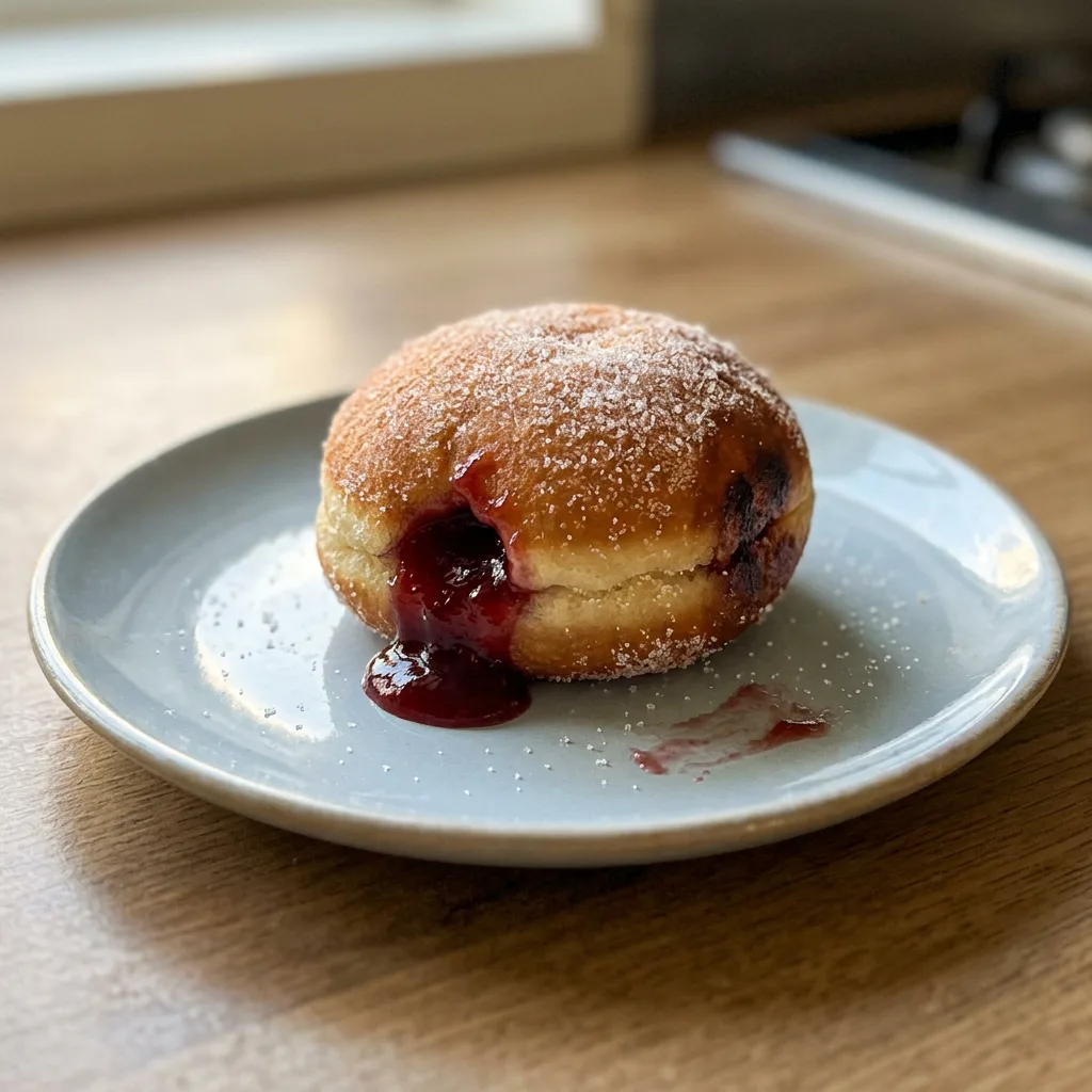 Looking down at three round jam doughnuts dusted with sugar, arranged in a triangle on a white surface.