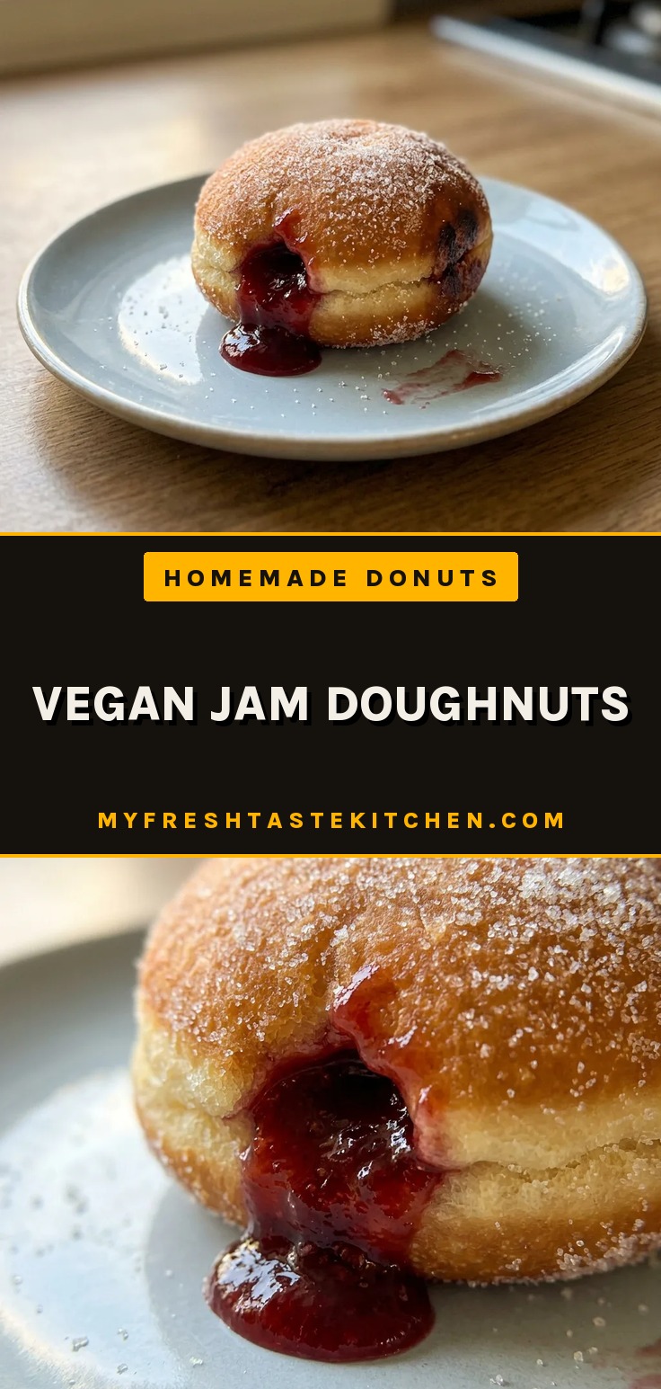 Vegan jam doughnuts are golden fried doughnuts filled with red jam, made with bread flour, yeast, non-dairy milk, vegan butter, and vanilla extract.
