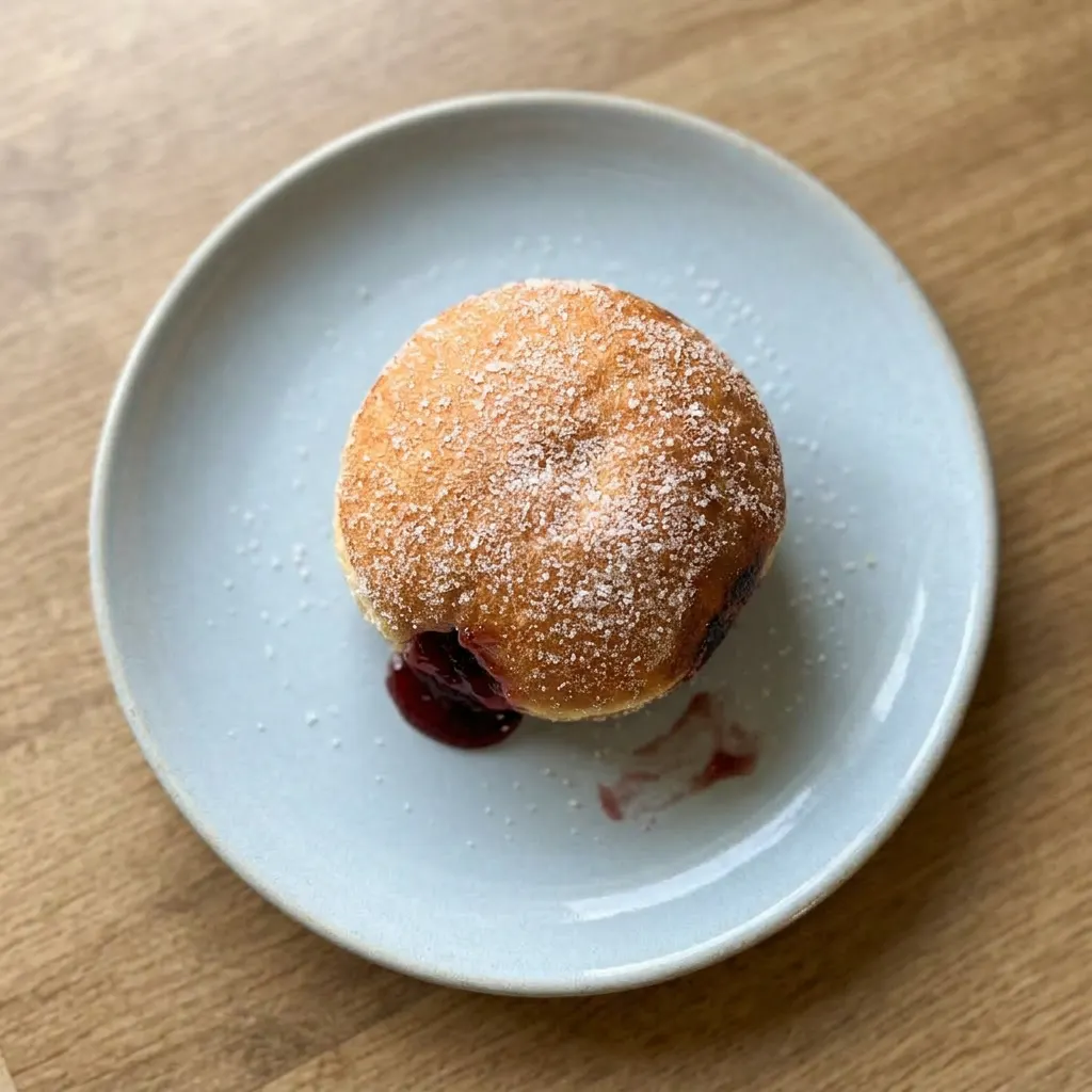 A plate of vegan jam doughnuts, each puffed and golden with a glossy sheen, topped with vanilla-scented sugar.