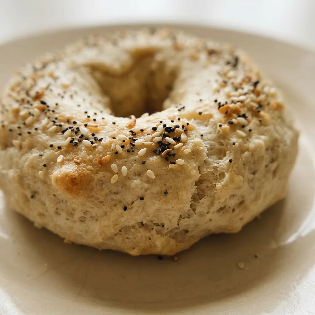 Close view of a golden bagel with visible seasoning flakes and a soft interior texture.