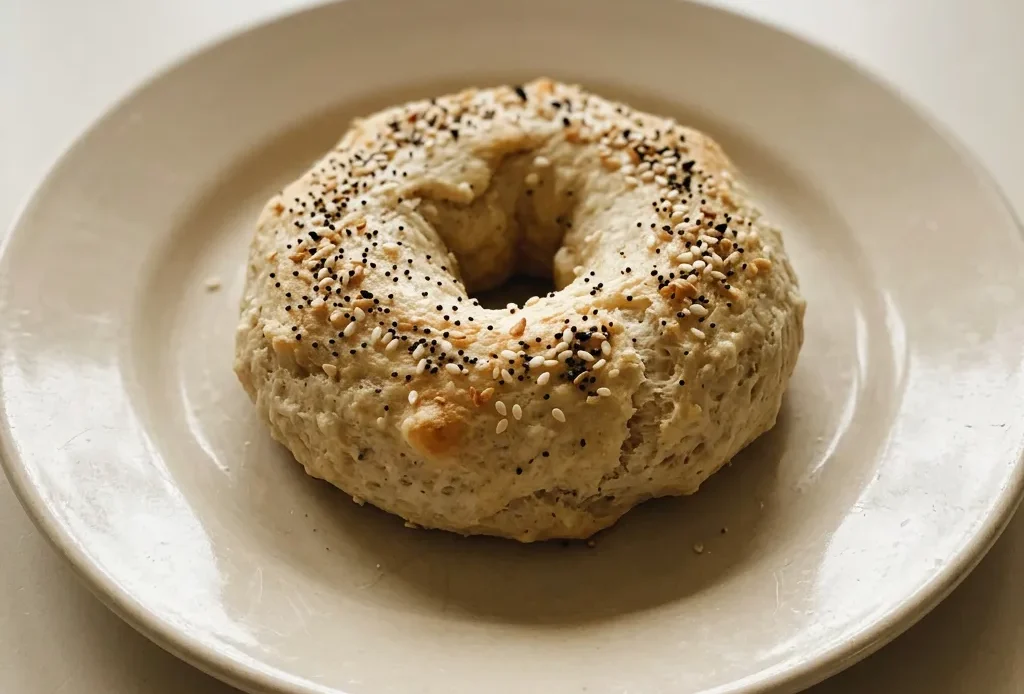 Overhead shot of two round bagels topped with Everything But the Bagel seasoning on a dark surface.