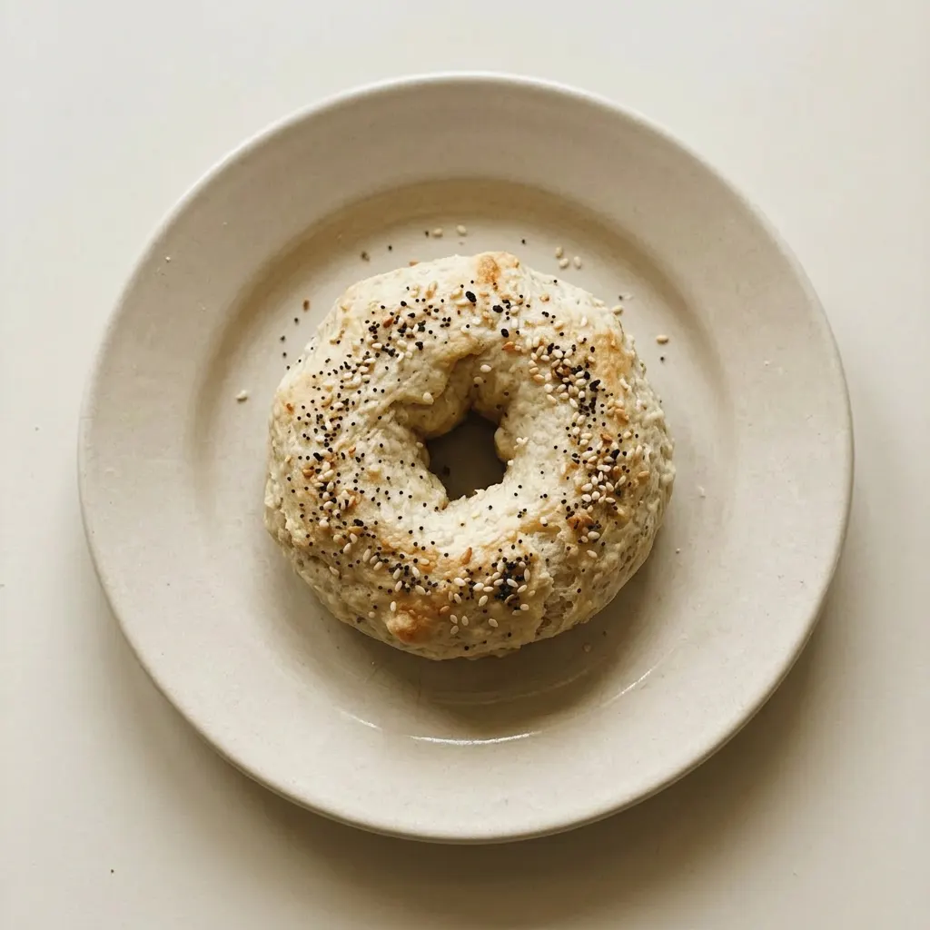Plated bagel halves with a smear of cream cheese and sprinkled Everything seasoning.