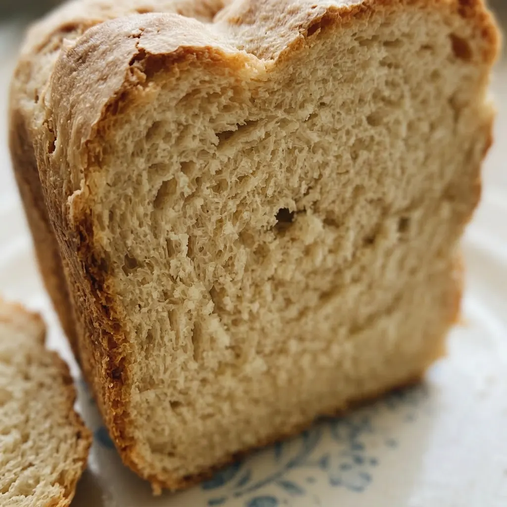 Zoomed in on the sliced bread revealing a soft, airy crumb with tiny air pockets.