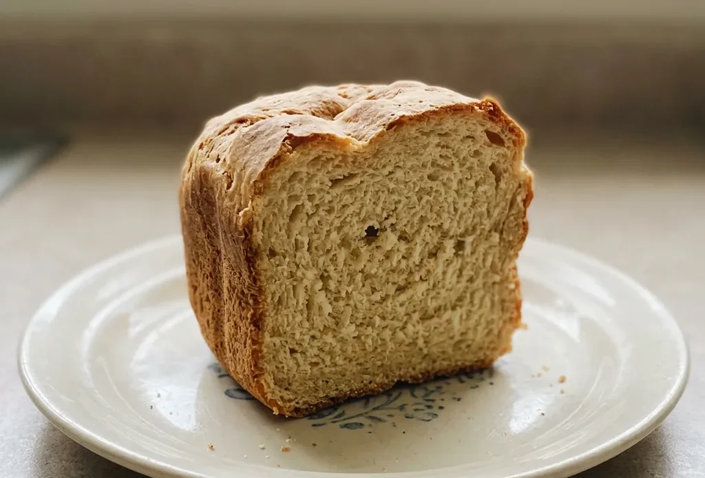 Bird's-eye view of a round loaf with a golden crust and a dusting of flour on top.