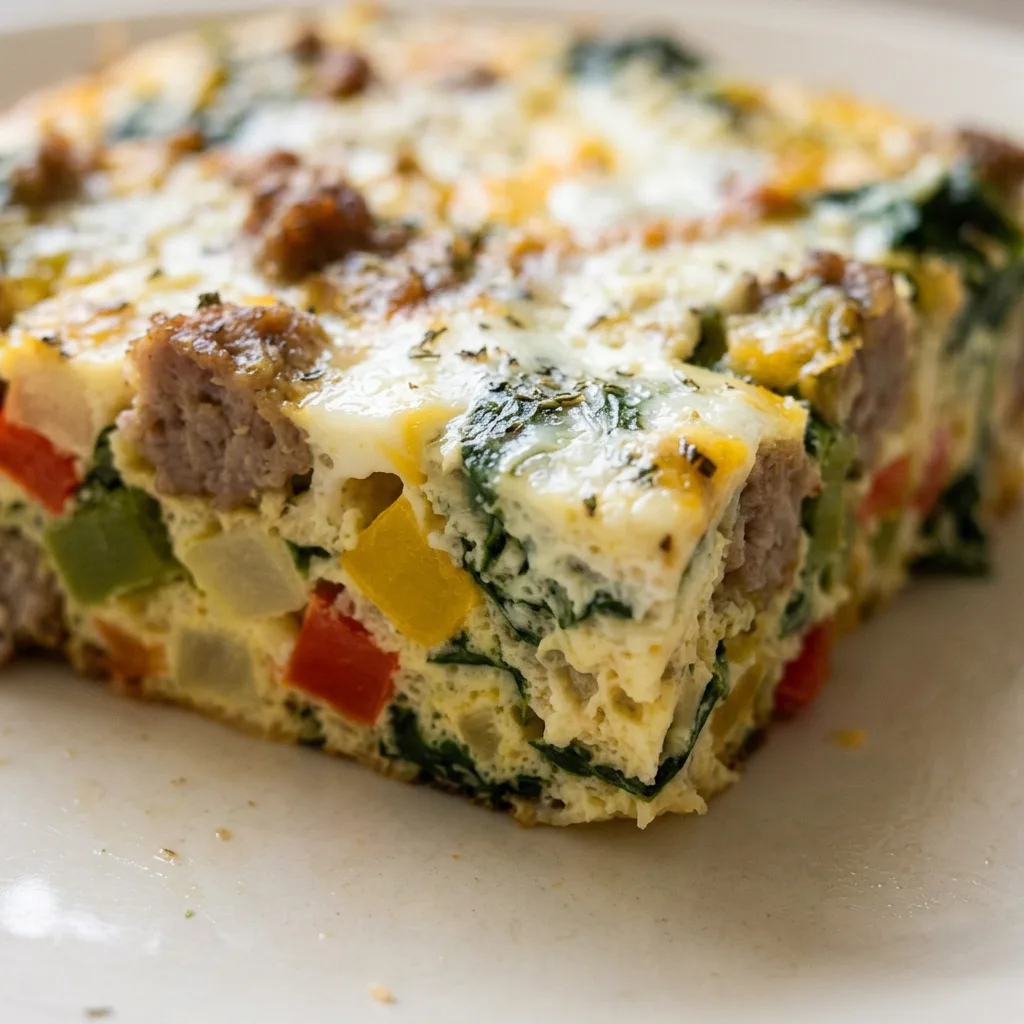 Zoomed in on a forkful of casserole showing sausage, egg, and spinach.