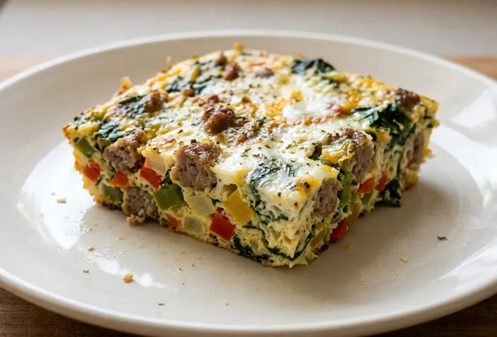 Bird's-eye view of a casserole with sausage, eggs, spinach, bell peppers, and onion.