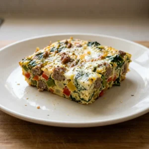 Bird's-eye view of a casserole with sausage, eggs, spinach, bell peppers, and onion.