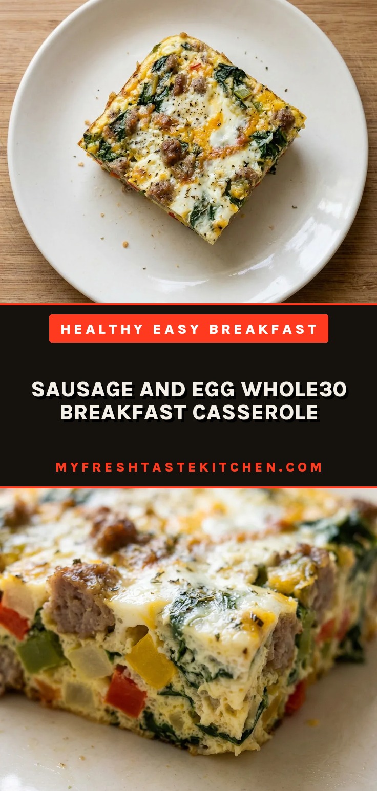 Sausage and Egg Whole30 Breakfast Casserole is a baked dish with eggs, sausage, spinach, bell peppers, and onion.