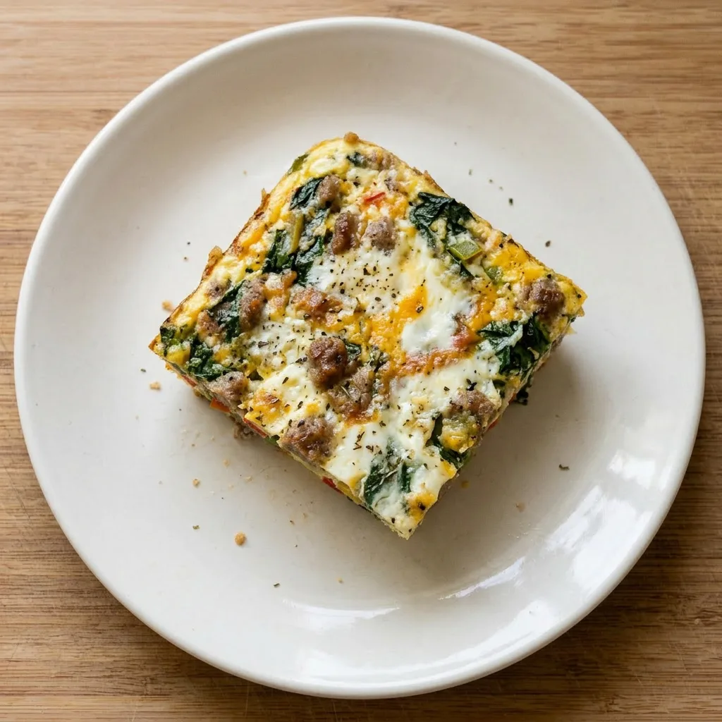 Ready to serve: a slice of casserole with visible sausage, bell peppers, and onion.