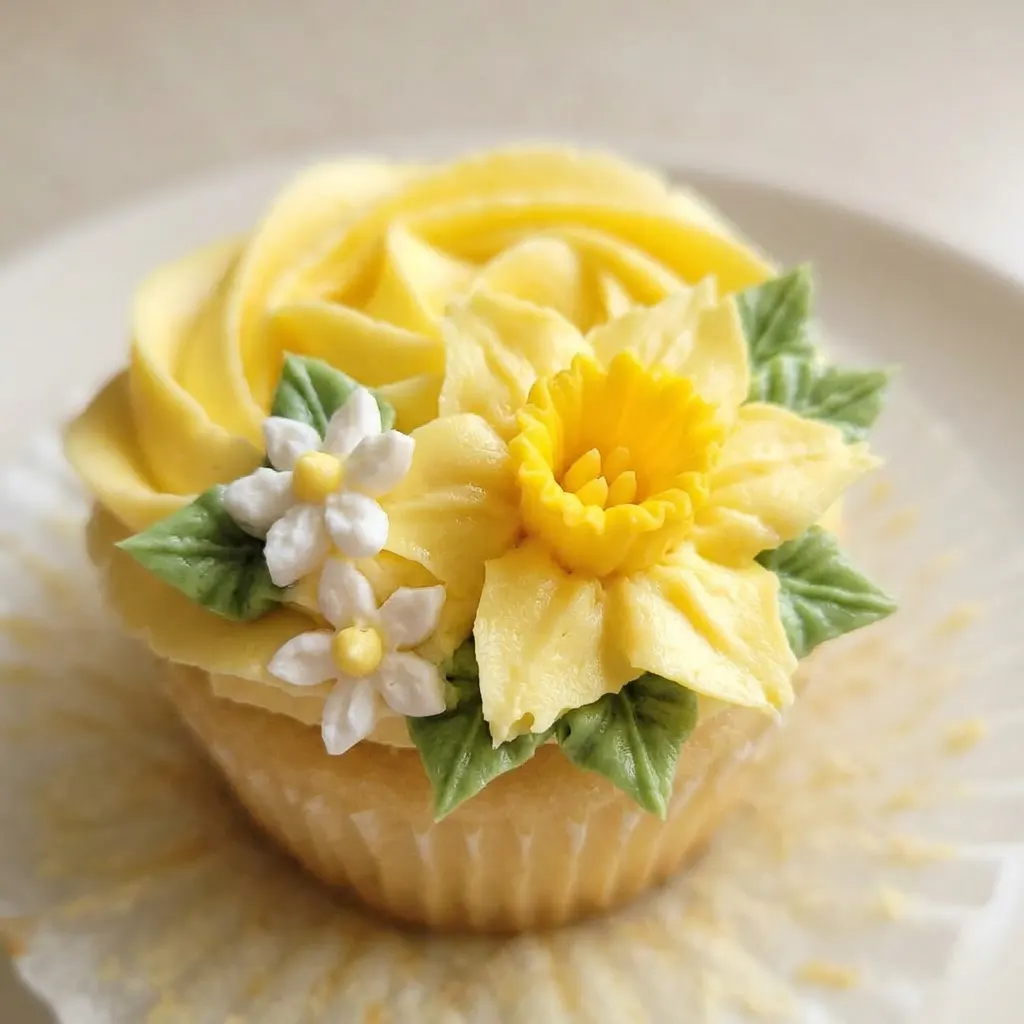 Close view of a single cupcake with yellow buttercream and green leaf piping on top.