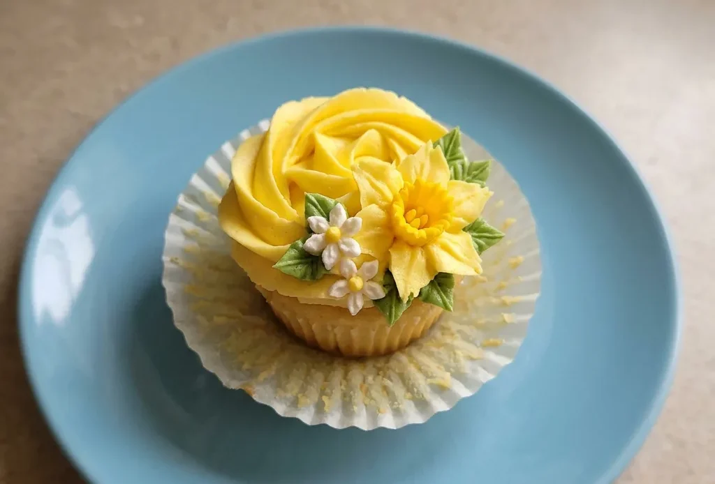 Overhead shot of three yellow cupcakes topped with buttercream frosting and green floral swirls.