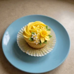 Overhead shot of three yellow cupcakes topped with buttercream frosting and green floral swirls.