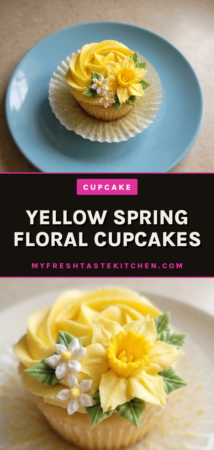 Overhead shot of three yellow cupcakes topped with buttercream frosting and green floral swirls.