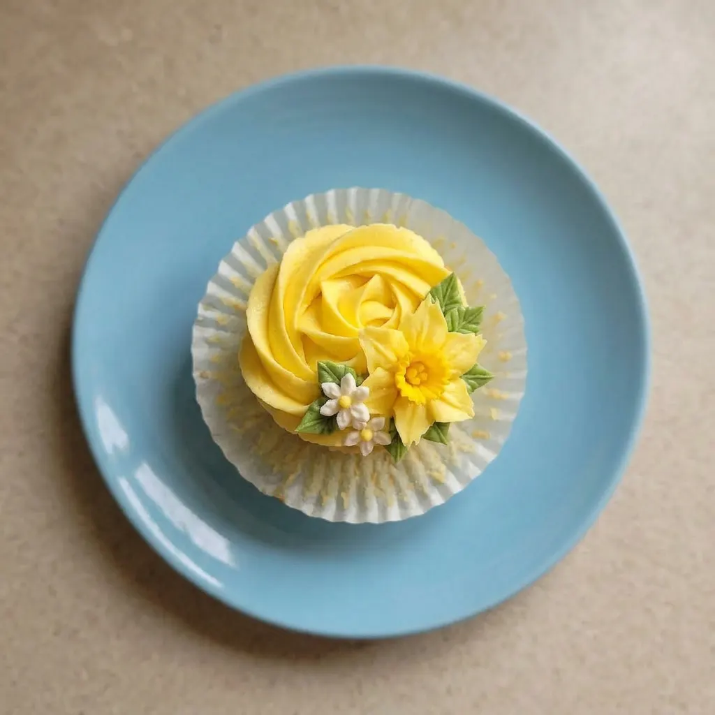 Plated cupcake with yellow frosting and green flower decorations on a white dish.