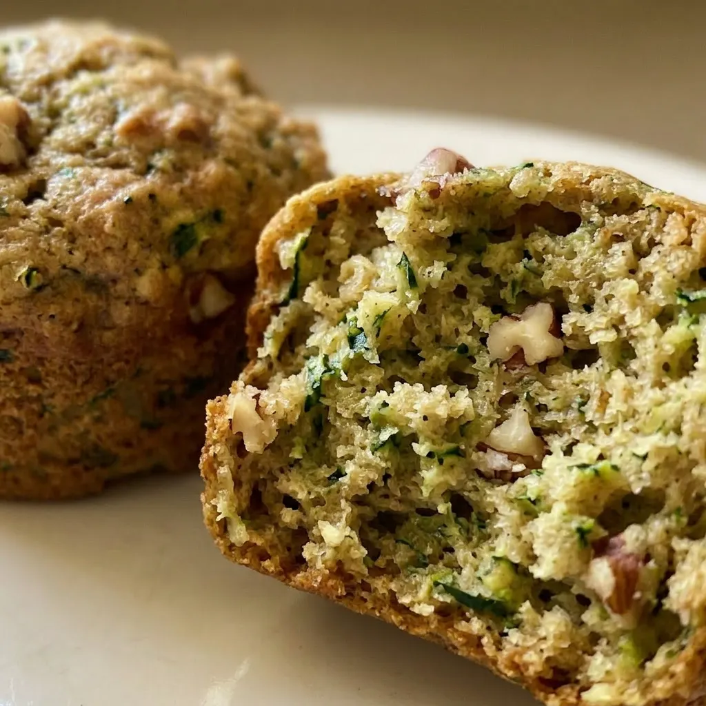 Macro detail of a zucchini muffin's crumb, showing shredded green zucchini, cinnamon specks, and a moist texture.