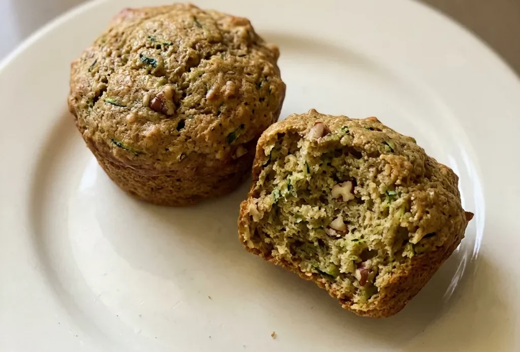 Top-down look at a zucchini muffin with visible green flecks, a domed top, and a golden-brown crust.