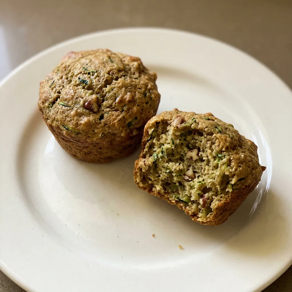Top-down look at a zucchini muffin with visible green flecks, a domed top, and a golden-brown crust.