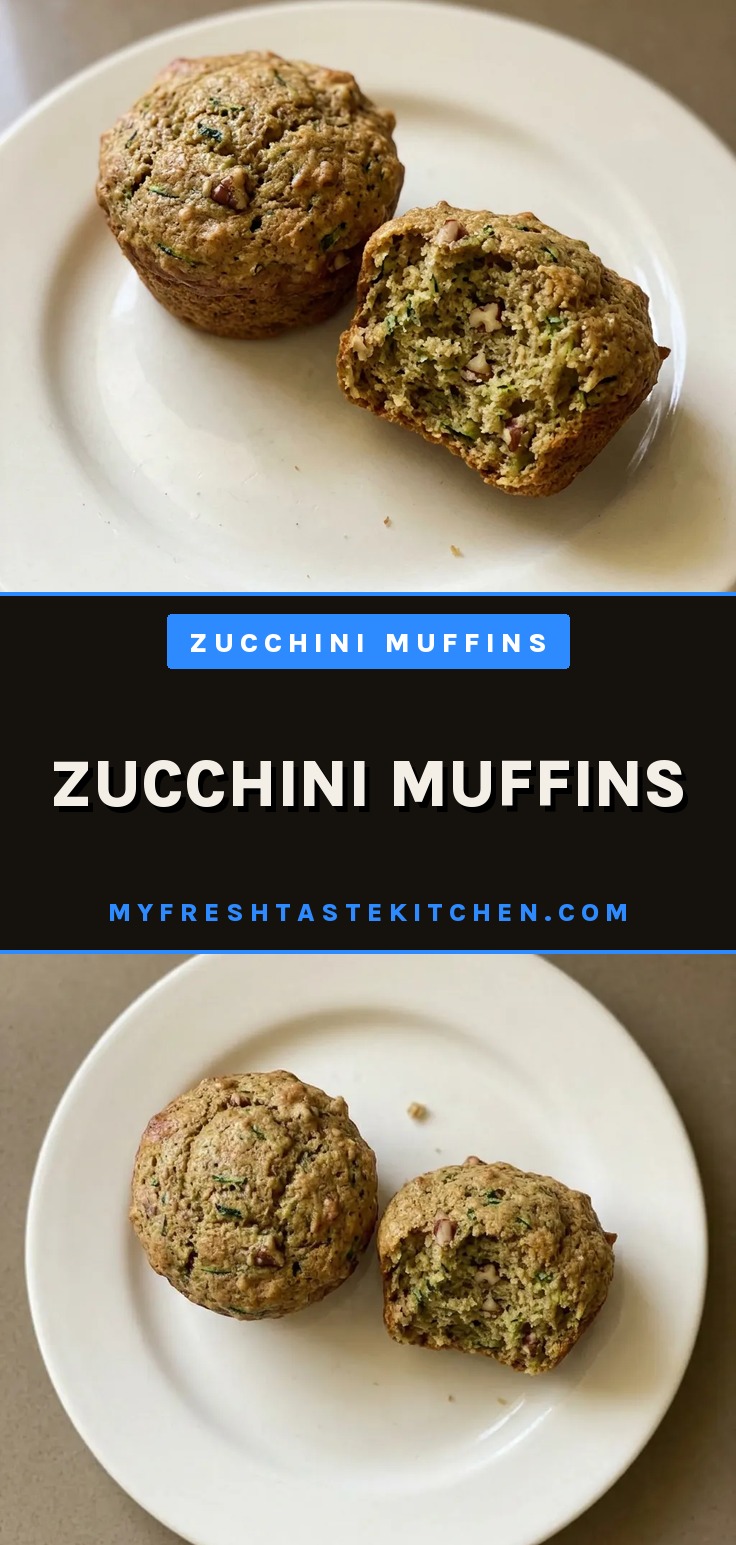 Top-down look at a zucchini muffin with visible green flecks, a domed top, and a golden-brown crust.