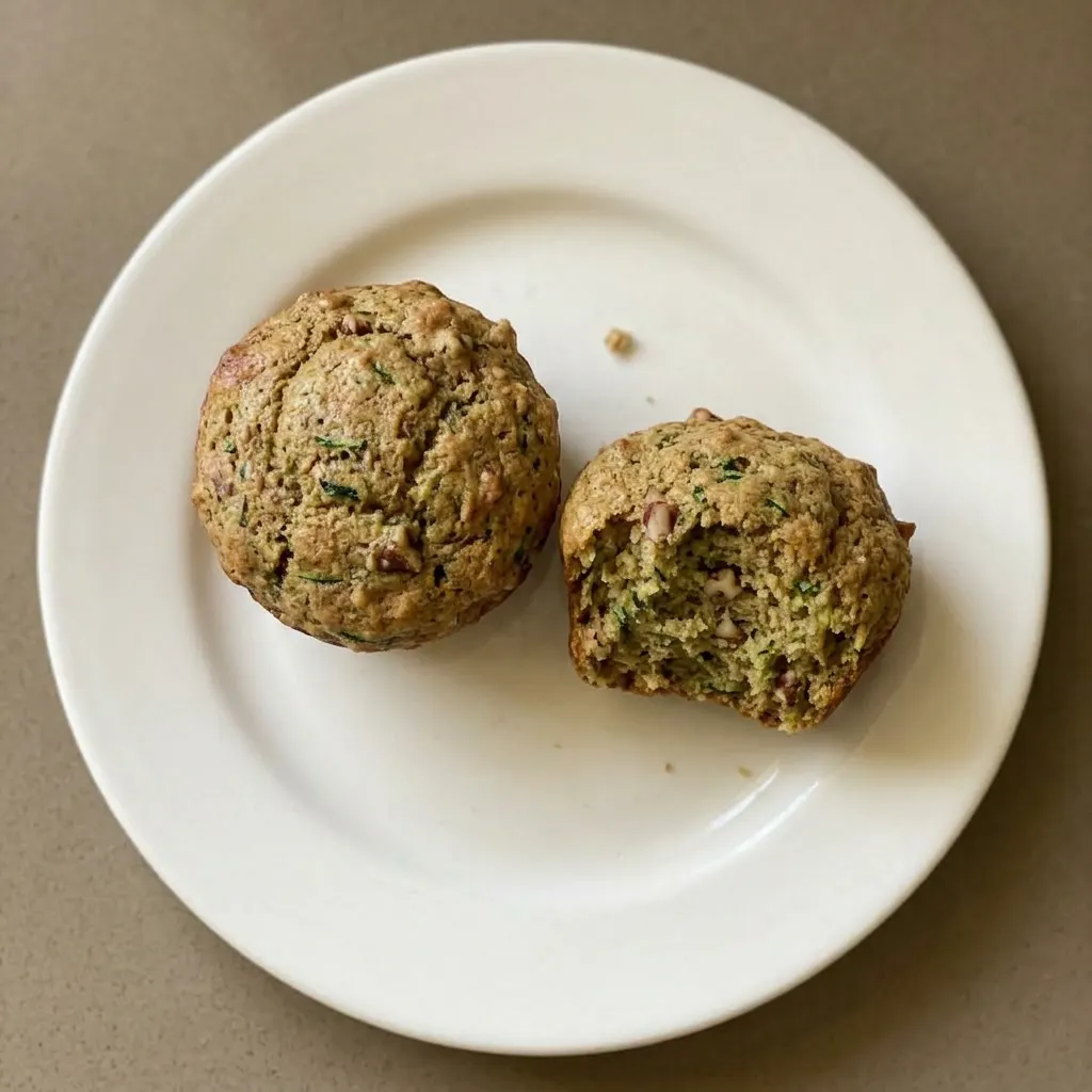 A serving of two zucchini muffins with visible zucchini pieces, topped with a light dusting of cinnamon and nutmeg.