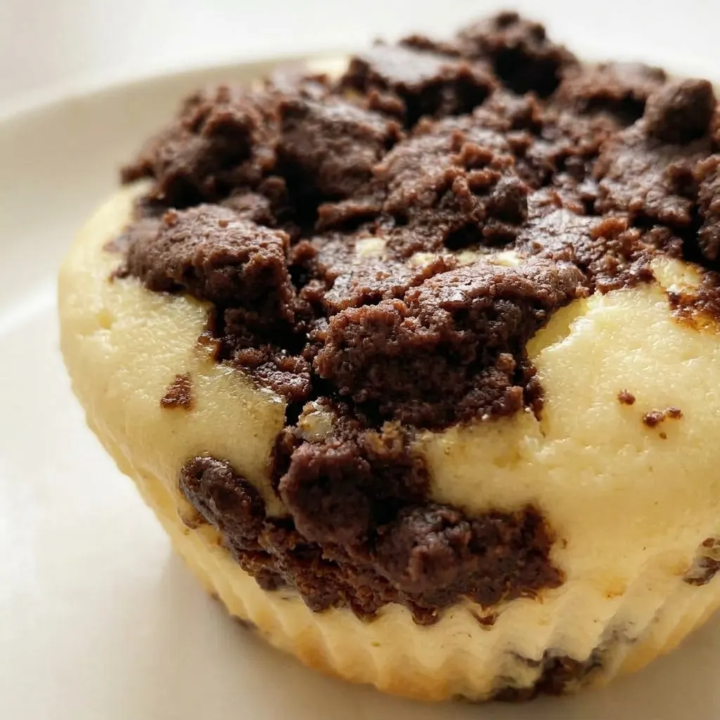 Up close, a muffin with visible cocoa specks and a creamy quark center.