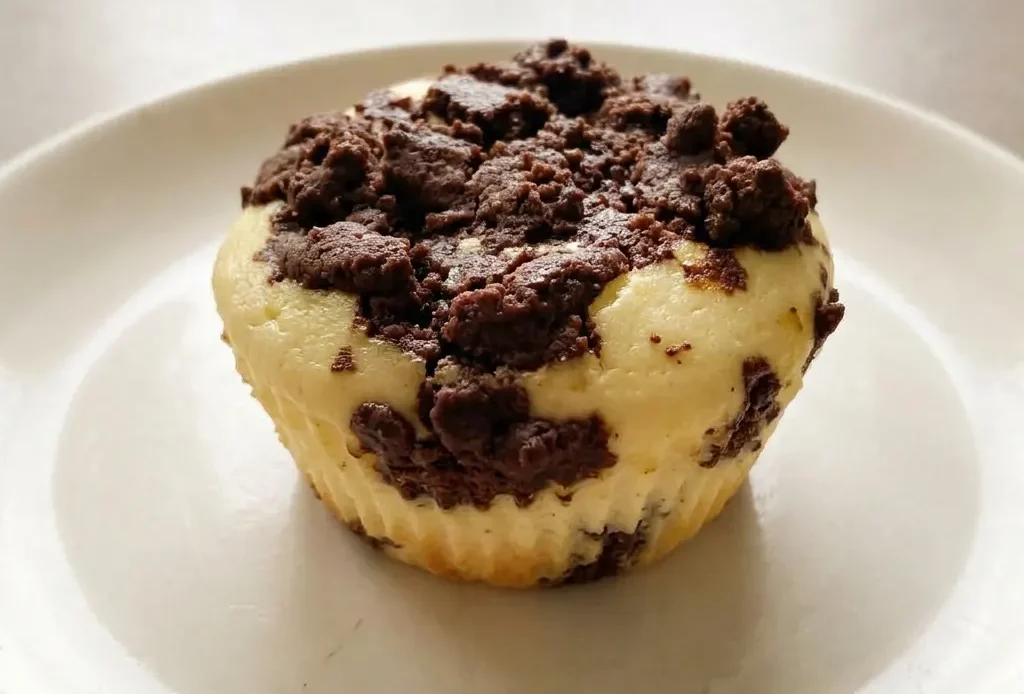 Looking down at two quark muffins with dark cocoa crumb topping on a white plate.