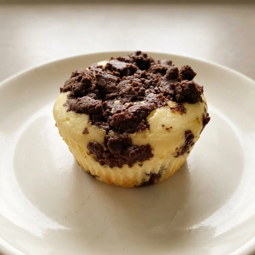 Looking down at two quark muffins with dark cocoa crumb topping on a white plate.