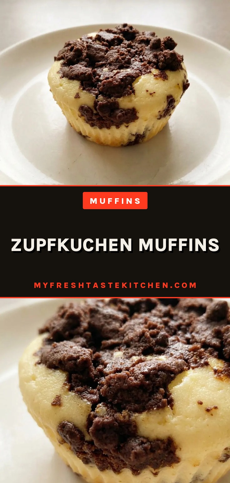 Looking down at two quark muffins with dark cocoa crumb topping on a white plate.