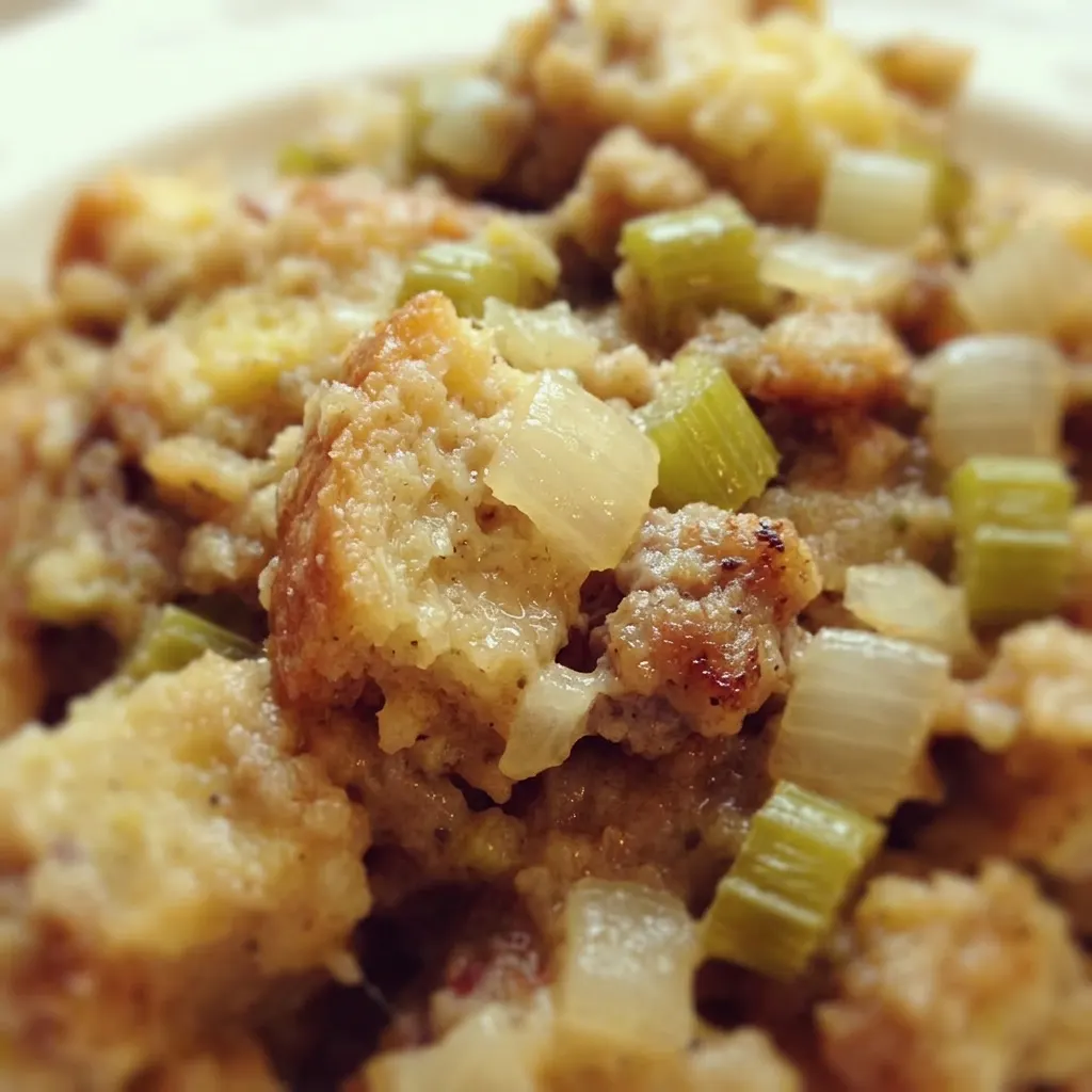 Close view of dressing with toasted bread crumbs, turkey stuffing mix, and sautéed celery and onion, moistened with broth.