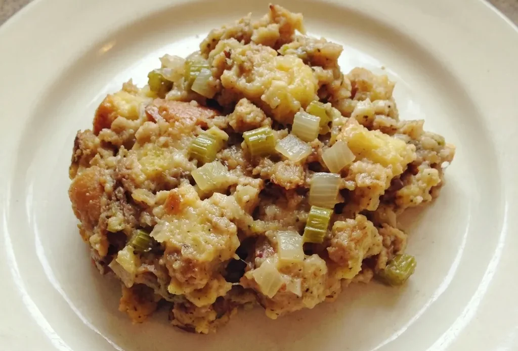 Overhead shot of a golden brown dressing with visible bread cubes, celery, and onion, topped with melted butter.
