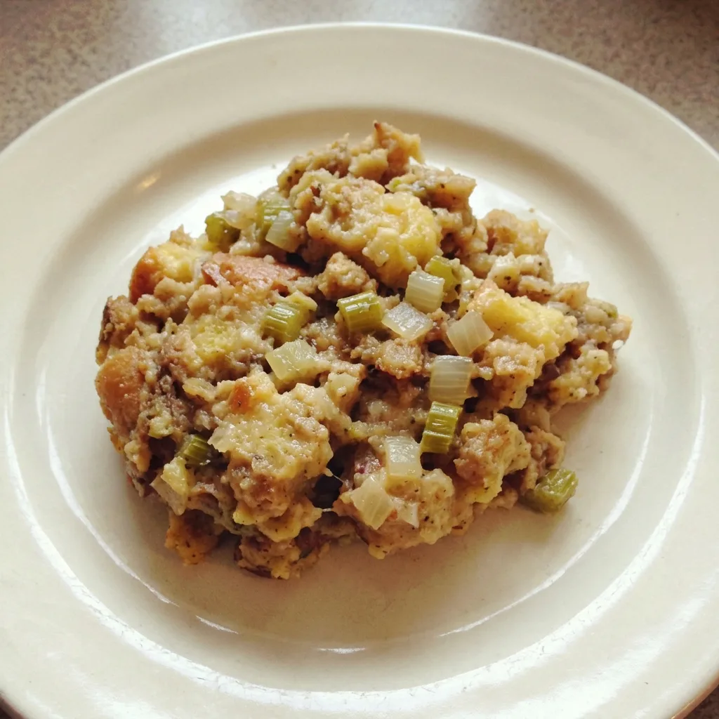 Overhead shot of a golden brown dressing with visible bread cubes, celery, and onion, topped with melted butter.