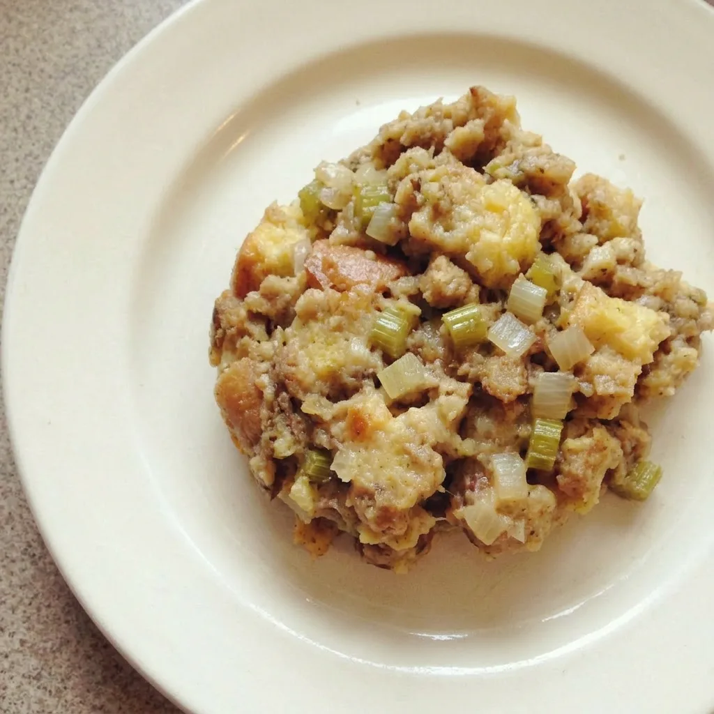 Plated dressing with a crispy top layer, showing chunks of King's Hawaiian bread and tender vegetables.