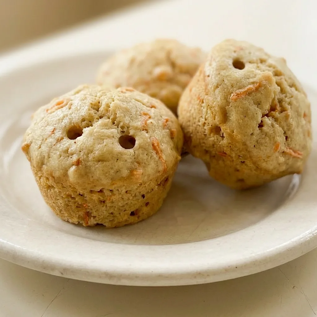Macro detail of a muffin showing apple, banana, and carrot pieces, with cinnamon speckles on top.